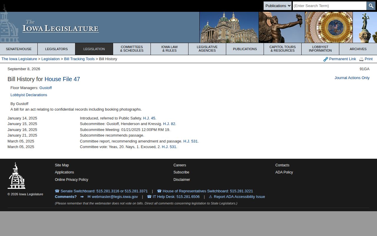 Iowa HF 47 booking photo bill history for Clay County arrest law
